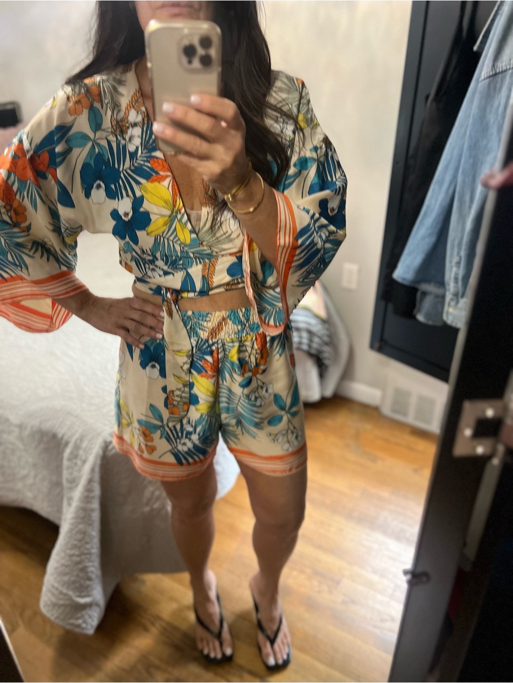 Tropical Floral Two-Piece Set - Cream with Teal & Orange